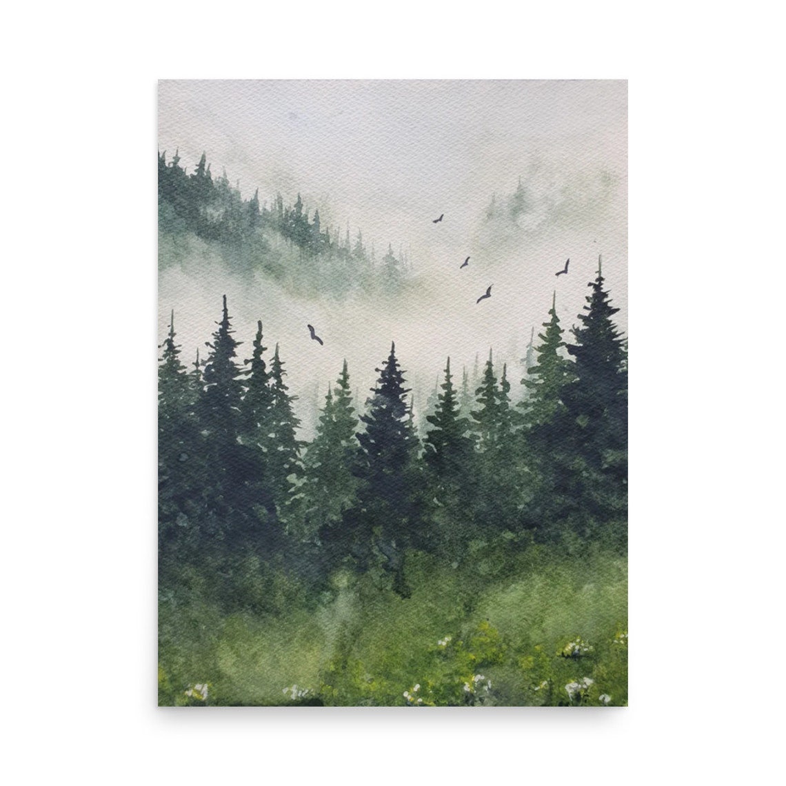 Misty Pine Forest Birds Flying Watercolor Pacific Northwest Art Poster - Image 2