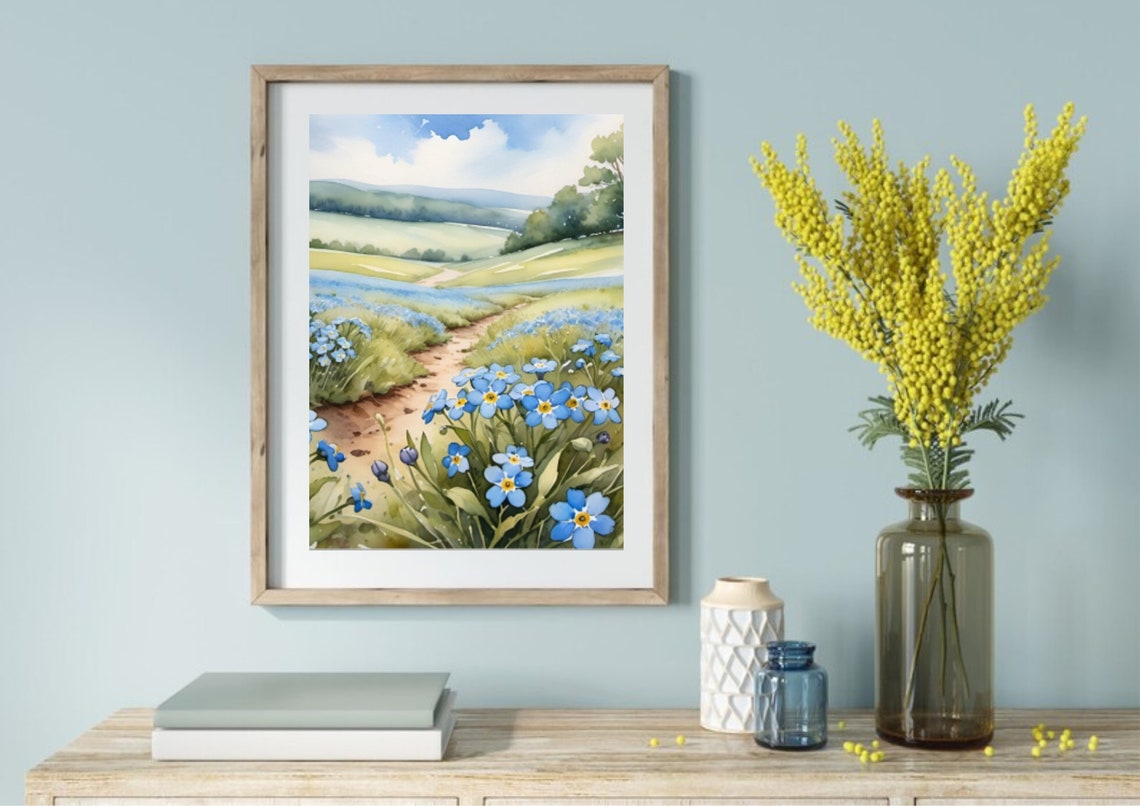 Forget Me Nots Painting Wildflowers Meadow Watercolor Art Print Alaska Landscape Wall Art Field Of Blue Flowers Large Poster Spring Wall Art - Image 5