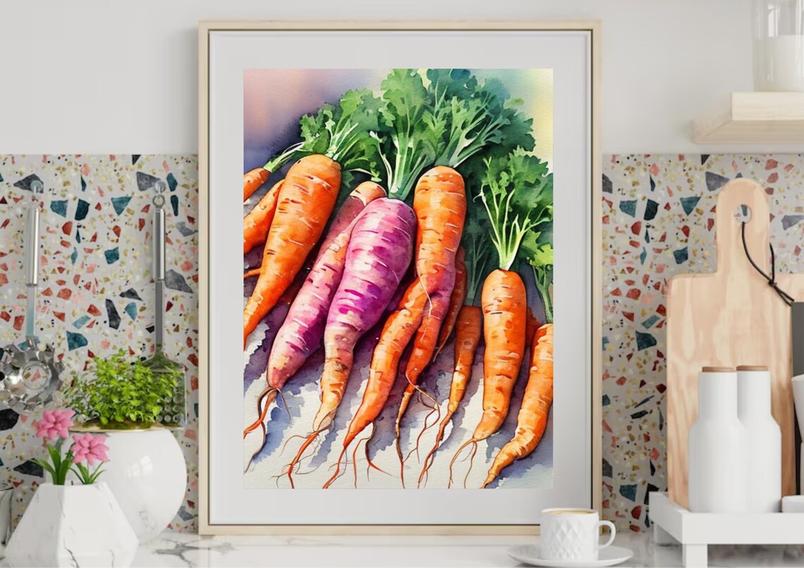 Fresh Carrots Bunch Orange Violet Watercolor Kitchen Still Life Poster - Image 5