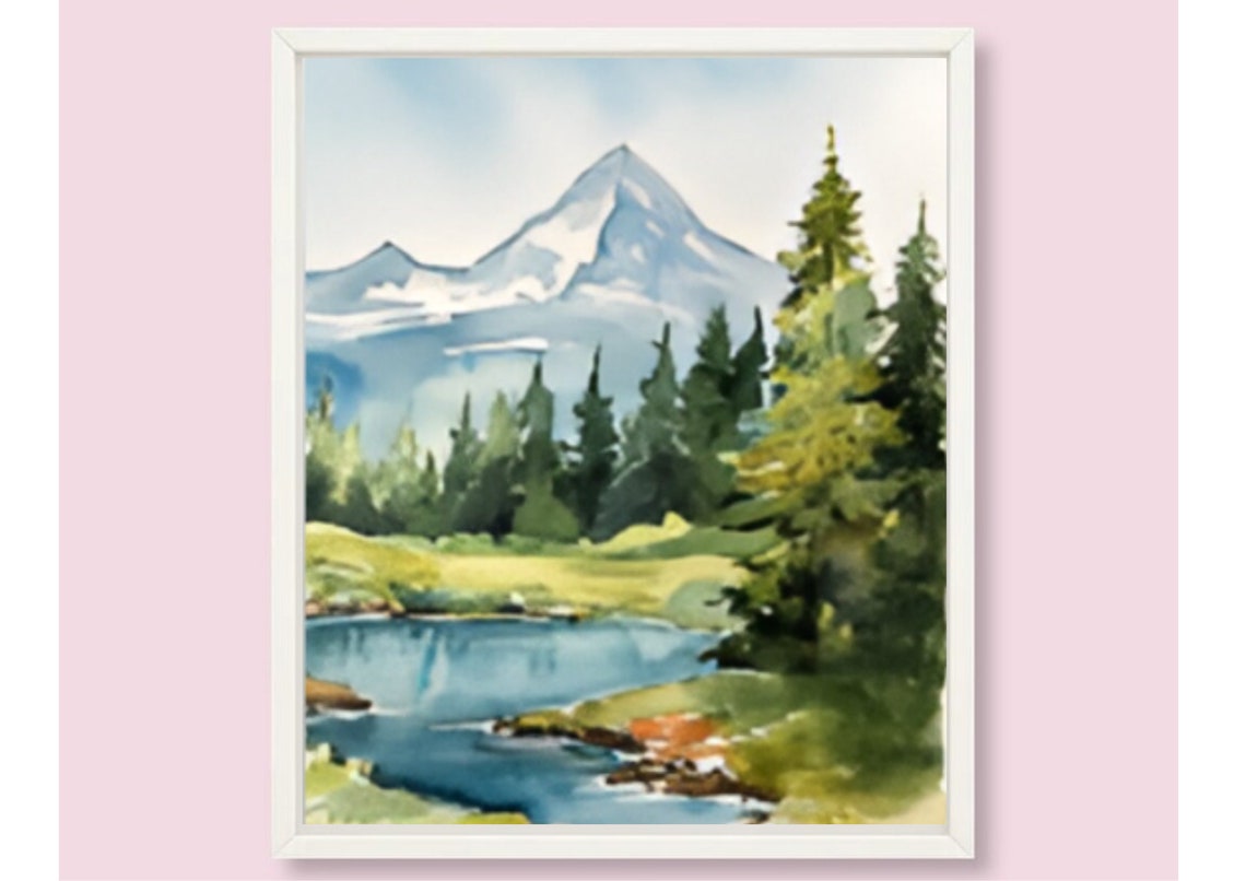 Snowy Mountain Peak Watercolor With Pines and a Quiet River Poster - Image 6