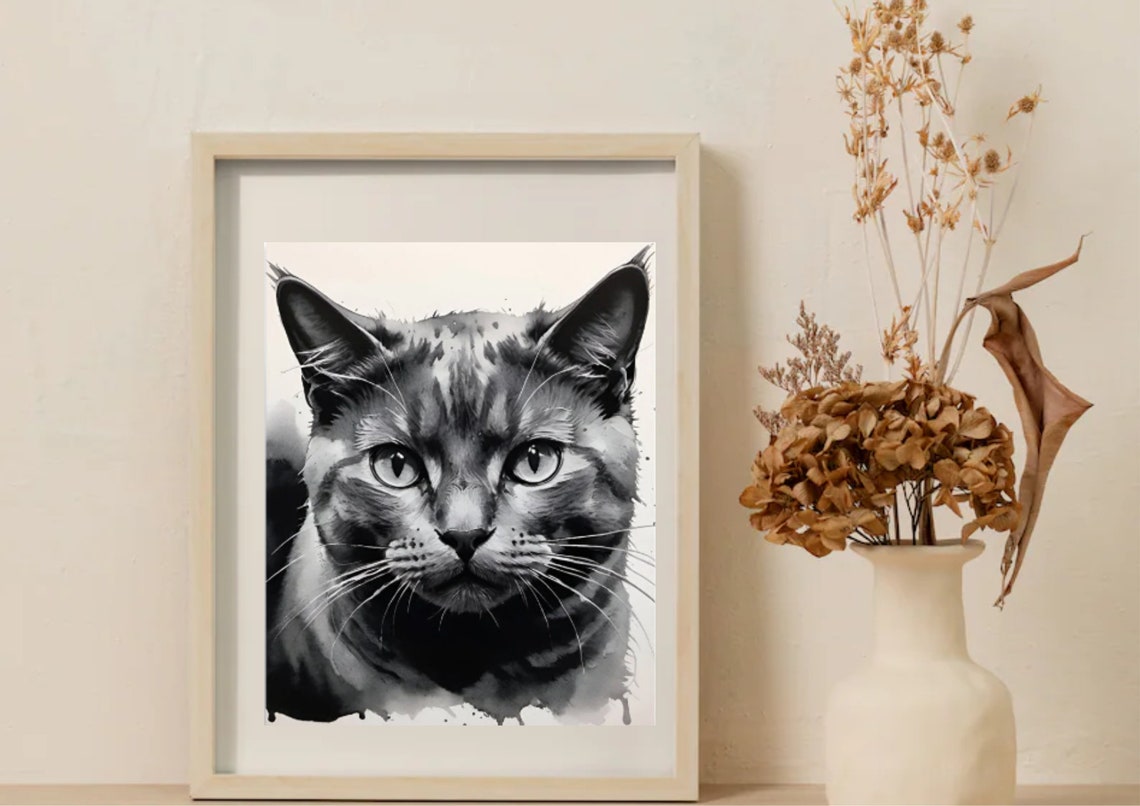 Cat Painting Cat Portrait Watercolor And Ink Art Print Cat Sketch Pet Portrait Drawing Black And White Wall Art Animal Sketch Poster - Image 2