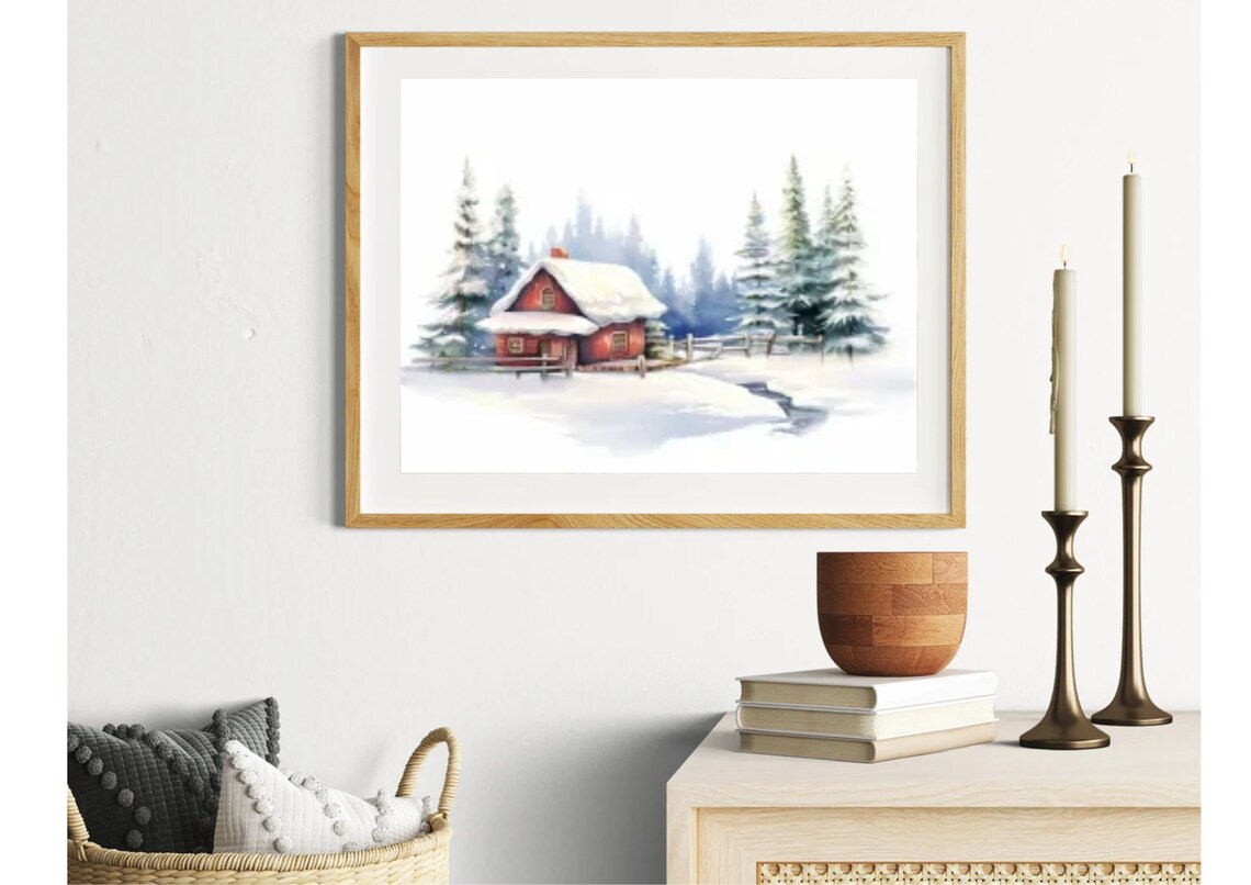 Cozy Red Wooden Cabin in a Snowy Pine Forest Winter Landscape Poster - Image 4