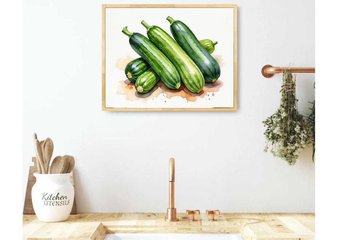 Green Zucchini Pile Watercolor Kitchen Vegetable Still Life Poster - Image 4