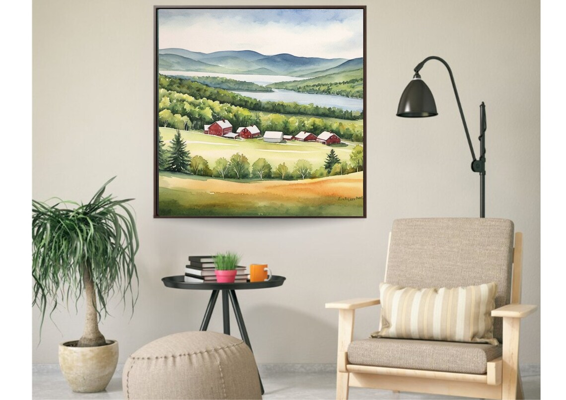 Vermont Green Mountain & Farmhouse Watercolor Art Print - Image 4