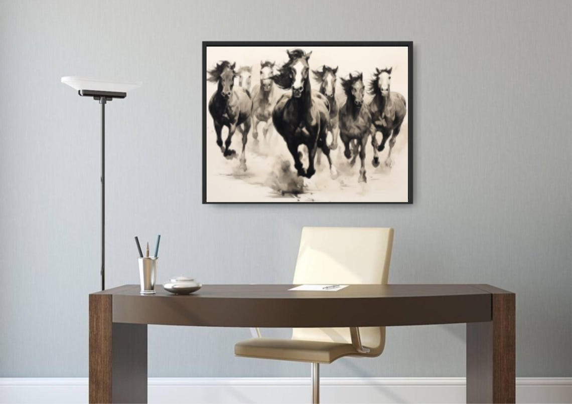 Galloping Horse Herd Watercolor Monochrome Motion Art Poster - Image 4