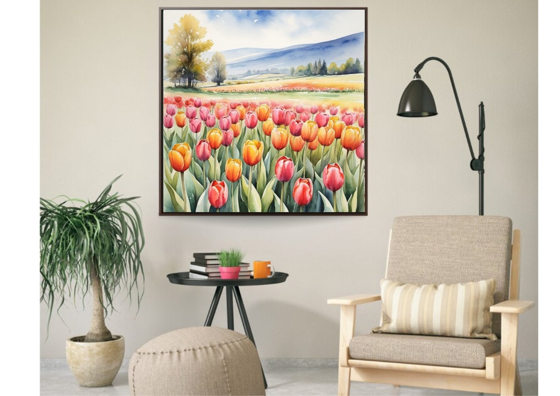 Tulips Field Painting Tulips Farm Watercolor Art Print Spring Landscape Wall Art Field Of Flowers Art Spring Flowers Print Botanical Poster - Image 3