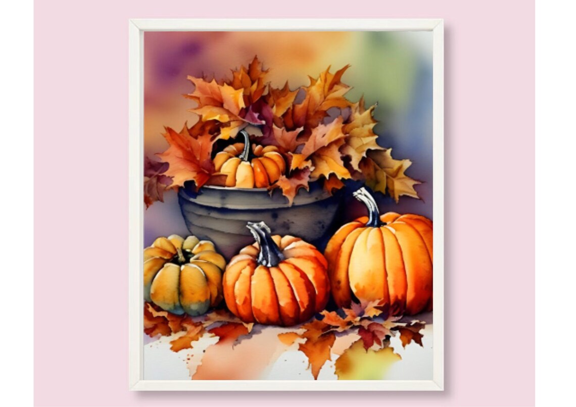 Autumn Pumpkins In Metal Bucket With Maple Leaves Watercolor Poster - Image 6