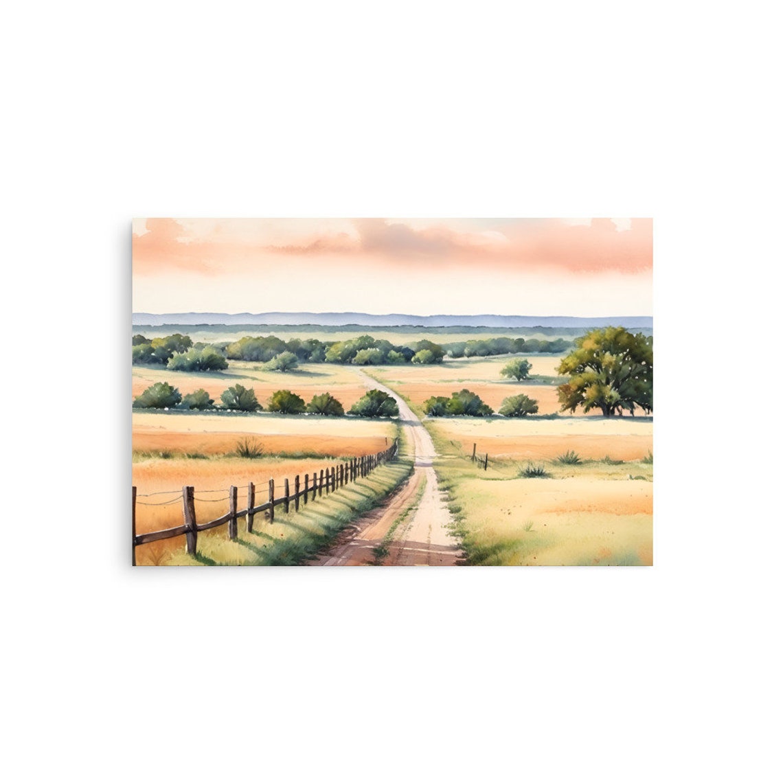Texas Painting Country Road Through Farm Meadow Watercolor Art Print Texas Farm Ranch Wall Art Country Landscape Art Grass Hills Landscape - Image 2