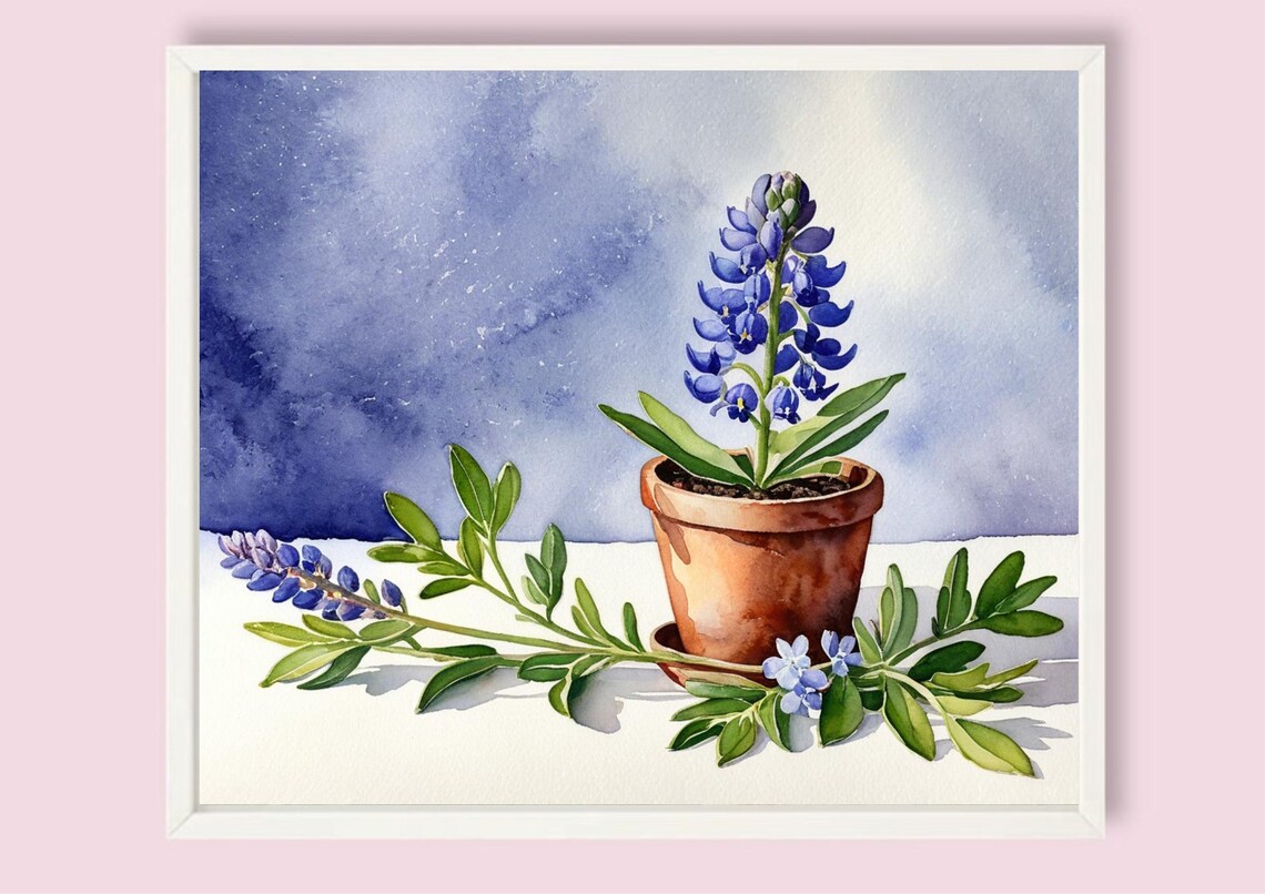 Potted Bluebonnets In Terracotta Pot Watercolor Botanical Poster - Image 3