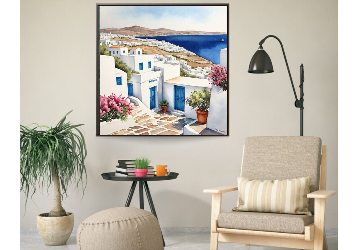 Mykonos White Blue Buildings Cobblestone Street Watercolor Poster - Image 4