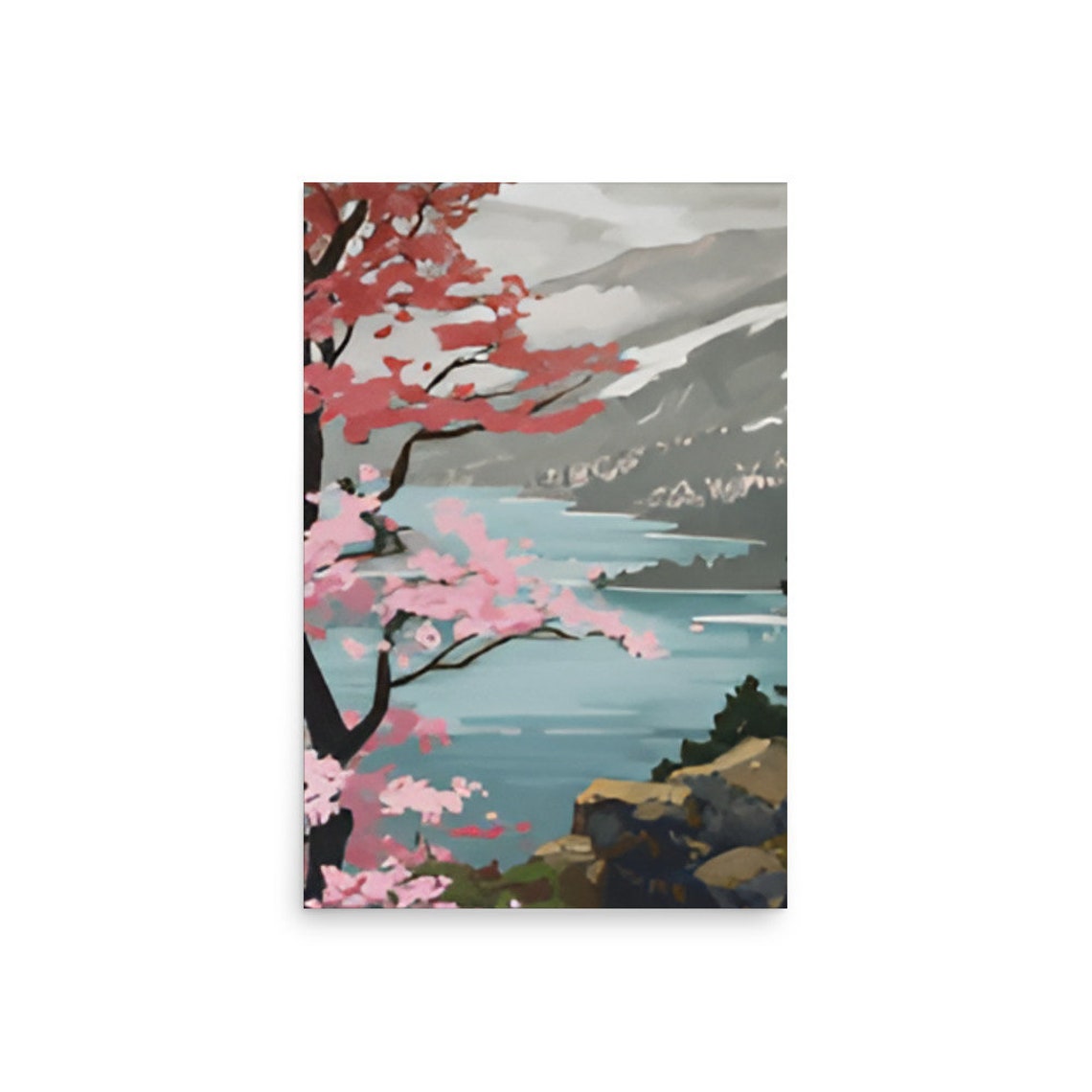 Cherry Blossom Tree Overlooking Sparkling Mountain Lake Poster - Image 2