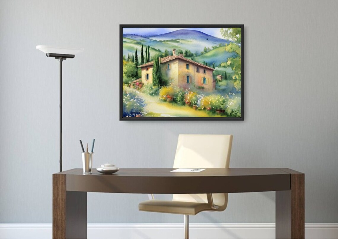 Tuscany Country Villa Watercolor Among Cypress Trees and Hills Poster - Image 3