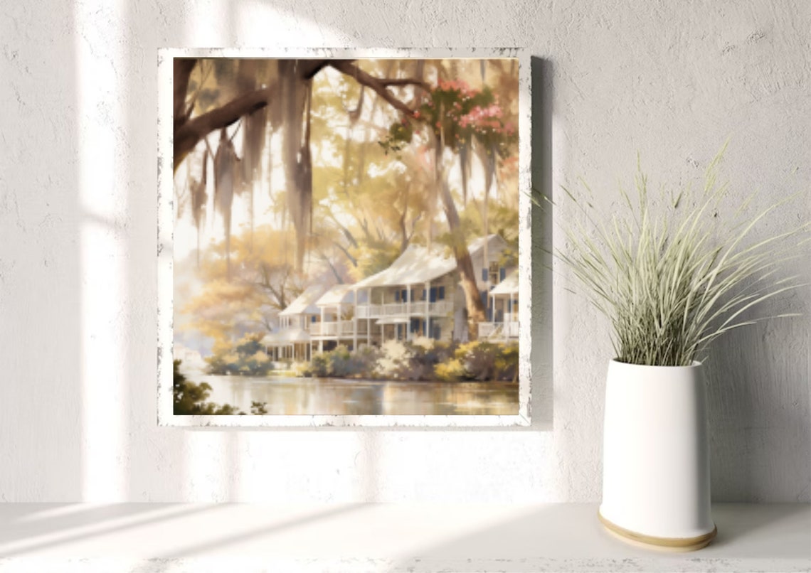 Louisiana Landscape Watercolor Painting River And House In Louisiana Art Print Panoramic Cityscape Wall Art Large Louisiana Poster - Image 4