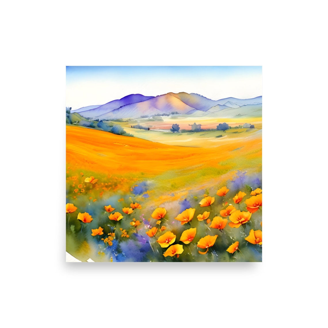 California Poppies Field Watercolor Painting Orange Poppies Art Print Panoramic Wildflowers Field Wall Art Watercolor California Poppy Art - Image 3