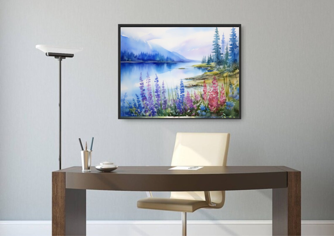 Mountain Lake Watercolor With a Spring Wildflower Meadow Poster - Image 5