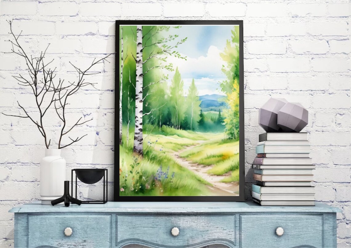 Aspen Hiking Trail in Birch Forest, Watercolor Art Print - Image 3