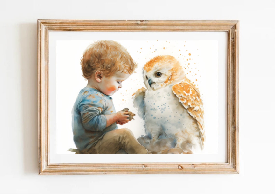 Child And White Owl Watercolor Painting Little Boy With Owl Art Print Child With Bird Wall Art Pet Portrait Print Nursery Wall Art Bird Art - Image 4