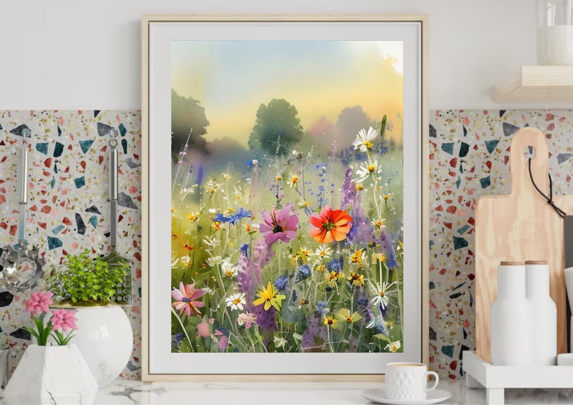 Field Of Flowers Watercolor Wildflowers Landscape Art Print - Image 5