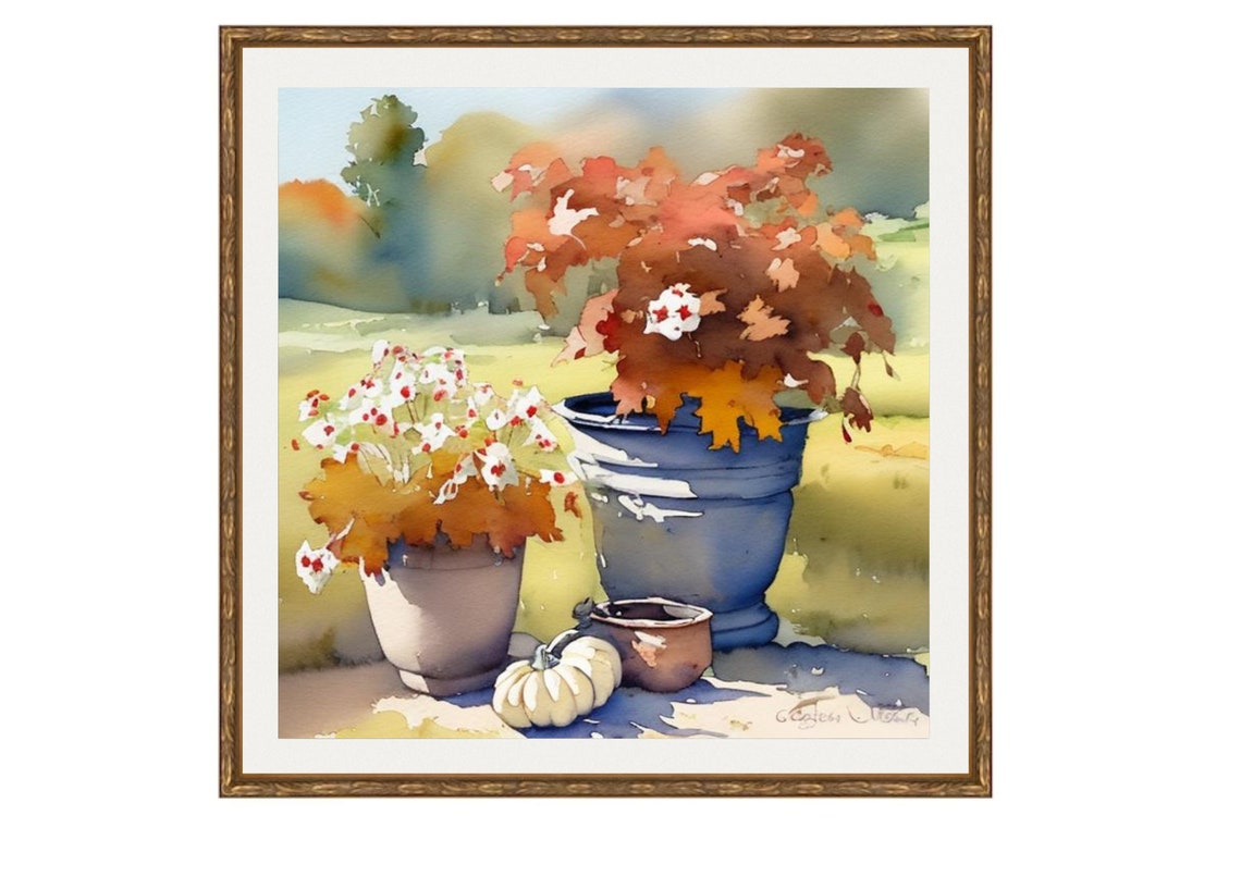 Potted Autumn Flowers and Mini Pumpkin Watercolor Still Life Poster - Image 6