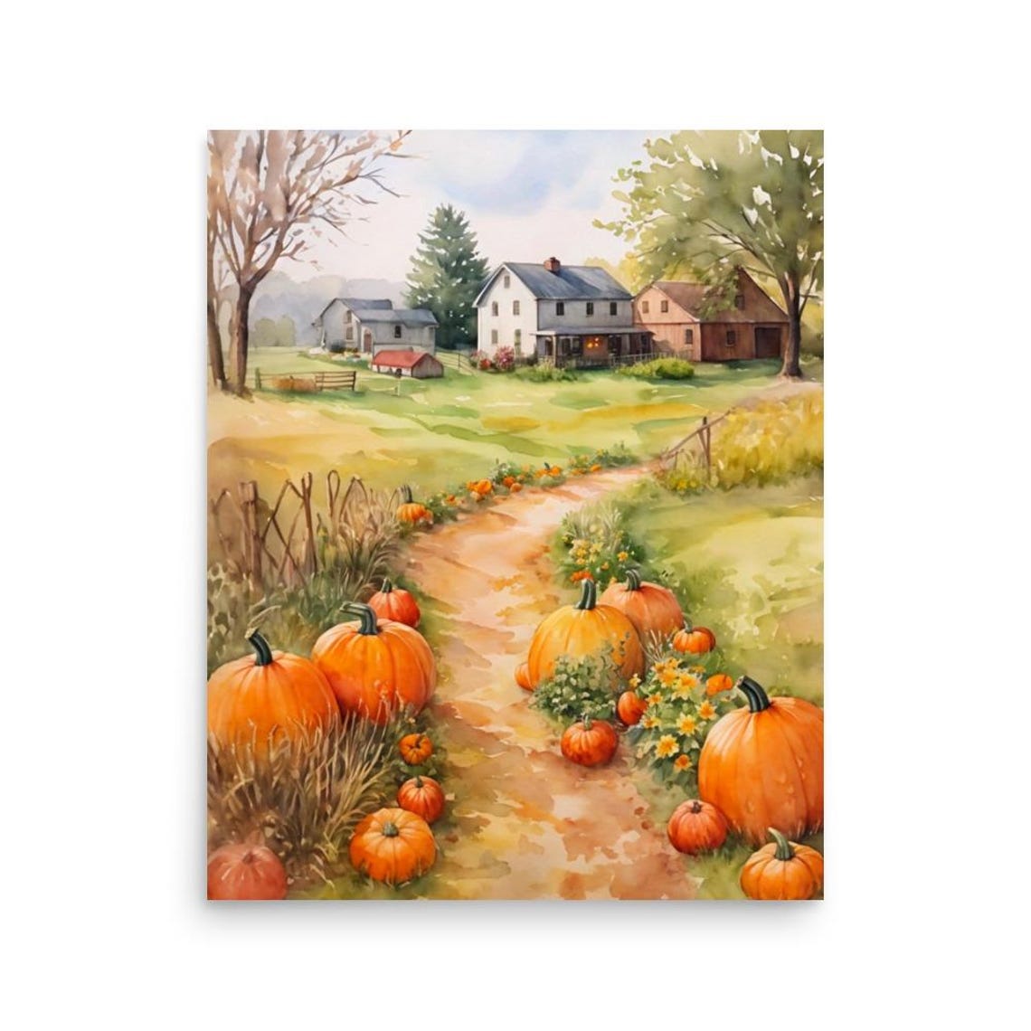 Autumn Pumpkin Patch Farm Path Watercolor Harvest Country Art Poster - Image 3