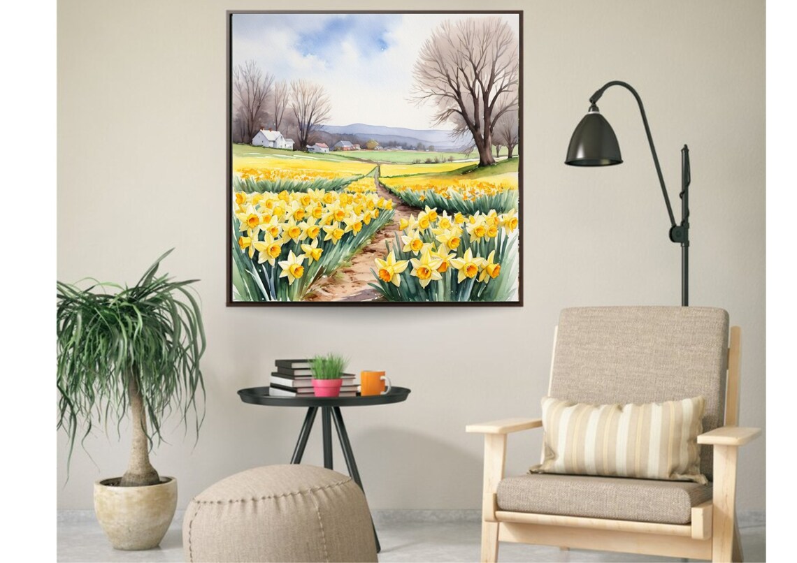 Yellow Daffodil Field Farm Path Spring Watercolor Flower Poster - Image 3