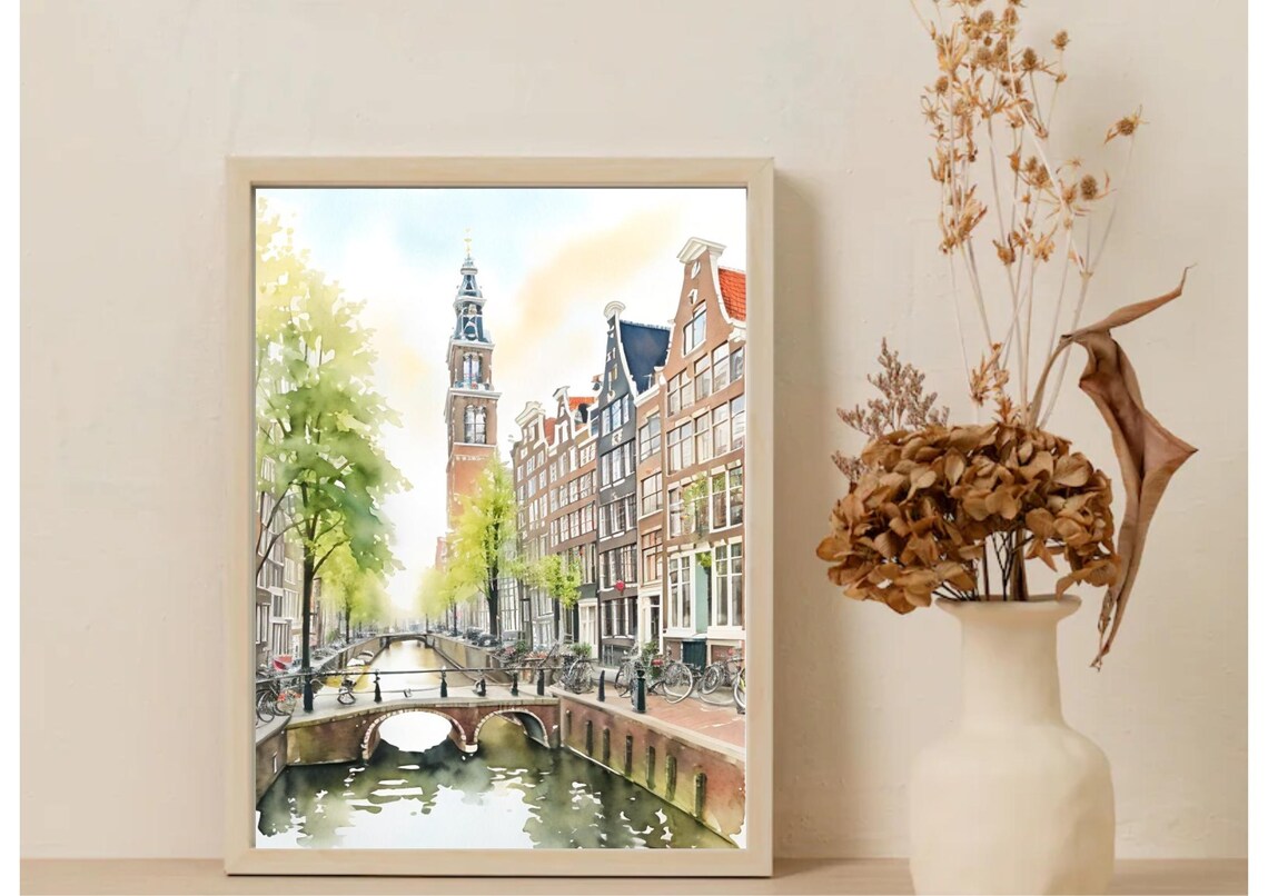 Amsterdam Canal Bridge Church Tower Watercolor Netherlands Art Poster - Image 4