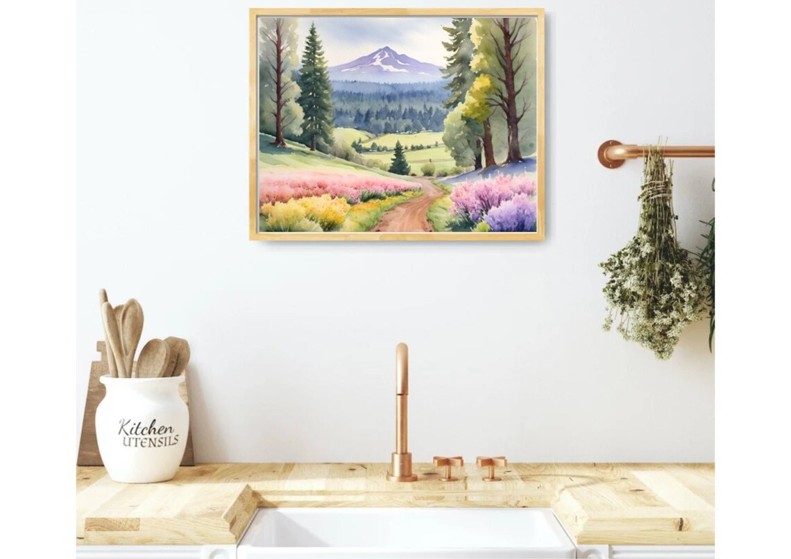 Mount Hood Watercolor Art Print, Oregon Mountain Valley - Image 2