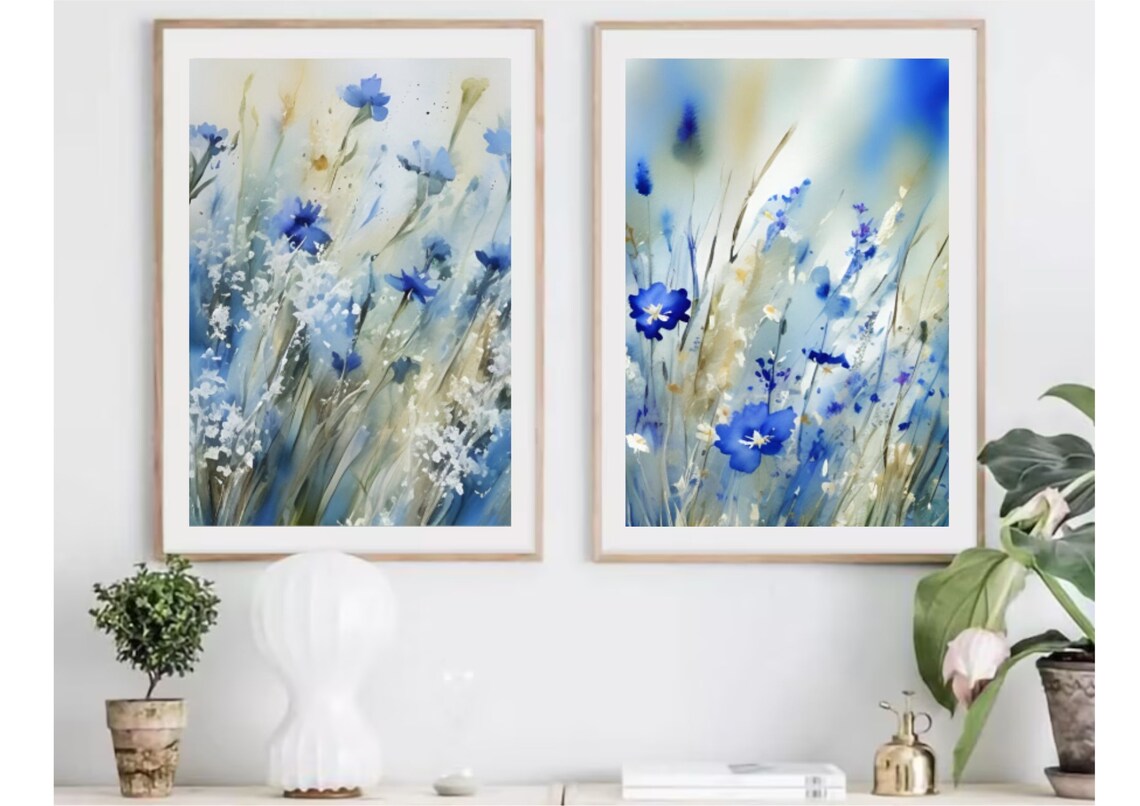 Blue Cornflowers Loose Abstract Breezy Watercolor Floral Art Poster - Image 2