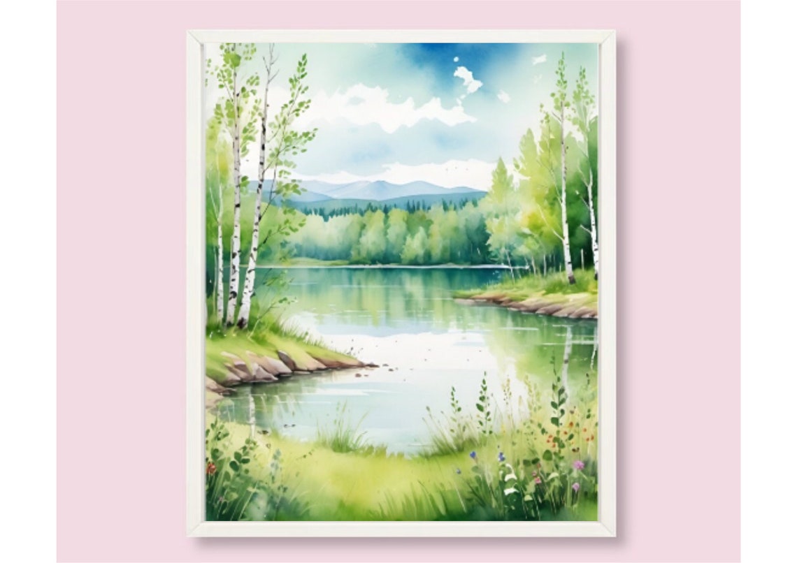 Birch Forest Mountain Lake Watercolor Summer Landscape Art Poster - Image 6
