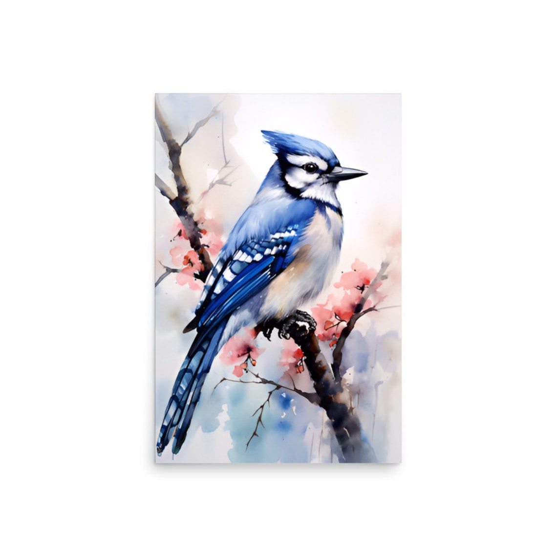 Blue Jay on Blossoming Branch Vivid Watercolor Bird Portrait Poster - Image 2