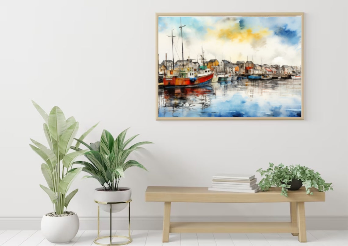 Scandinavian Fishing Village Painting Fishing Ships Watercolor Art Print Harbor Wall Art Scandinavian Houses Art Panoramic Sea Port Painting - Image 4