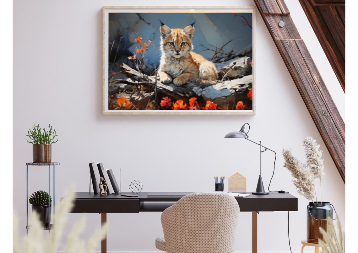 Young Lynx Resting On Fallen Log Among Red Leaves Watercolor Poster - Image 3