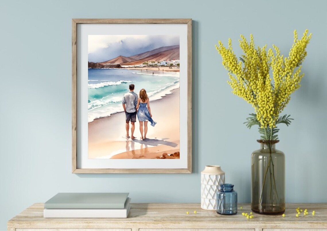 Couple Walking On Beach Watercolor Romantic Seaside Travel Art Poster - Image 2