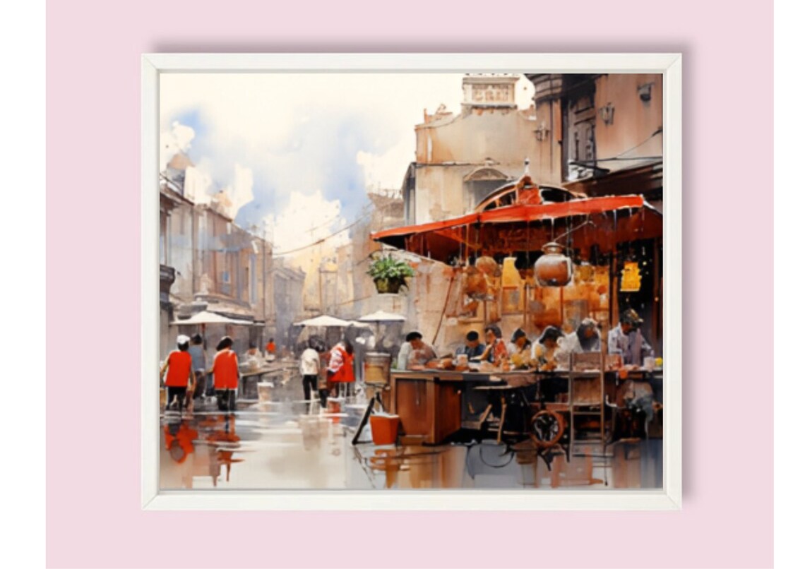European Old Town Street Market Red Canopy Watercolor Cityscape Poster - Image 6