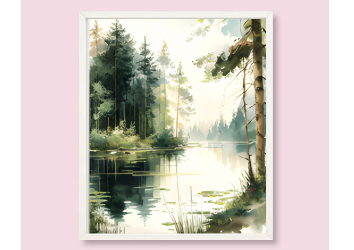 Pine Trees Watercolor Art Print, Forest Lake Landscape - Image 6