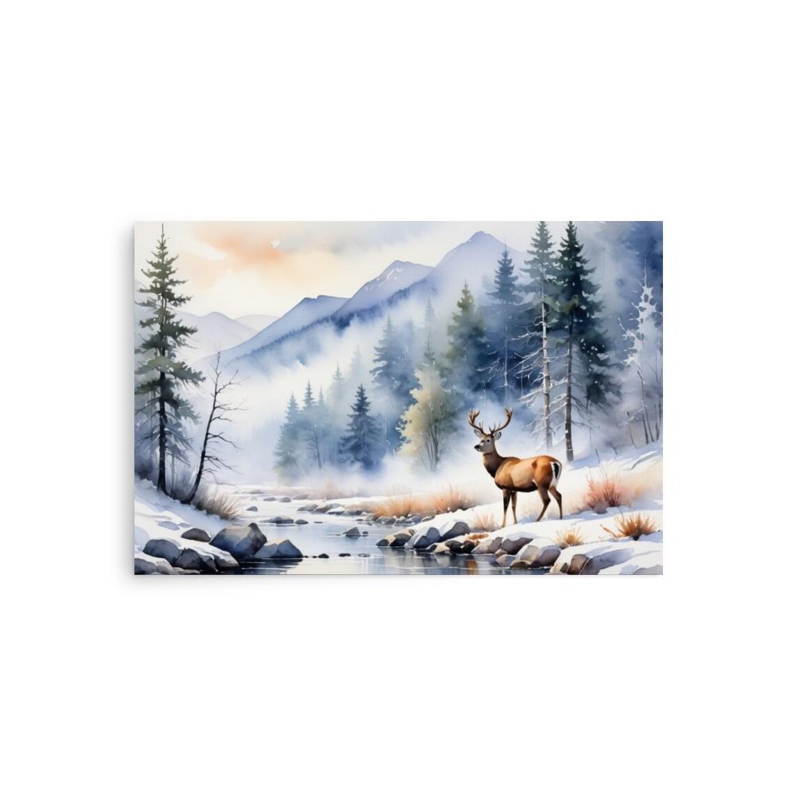 Majestic Buck Deer by Snowy Mountain Stream Watercolor Poster - Image 3