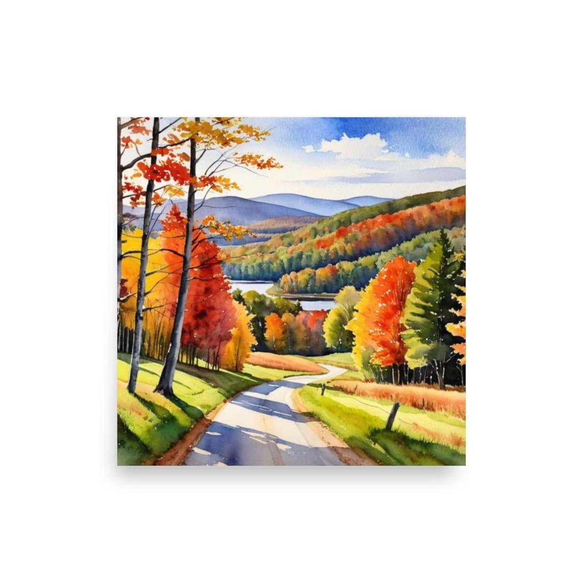 Country Road Winding Through A Fiery Autumn Forest Watercolor Poster - Image 5