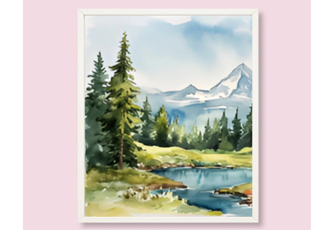 Mountain River Evergreen Pines Snowy Peak Gentle Watercolor Poster - Image 6