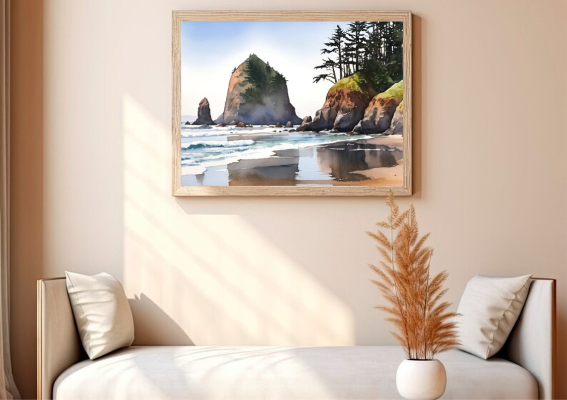 Cannon Beach Haystack Rock Seaside Oregon Coast Watercolor Poster - Image 2