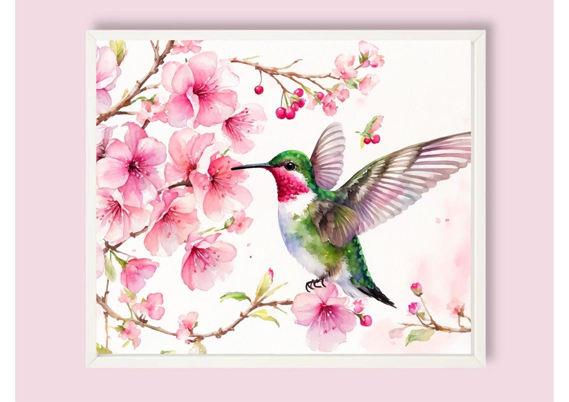 Ruby Throated Hummingbird With Pink Cherry Blossoms Watercolor Poster - Image 4