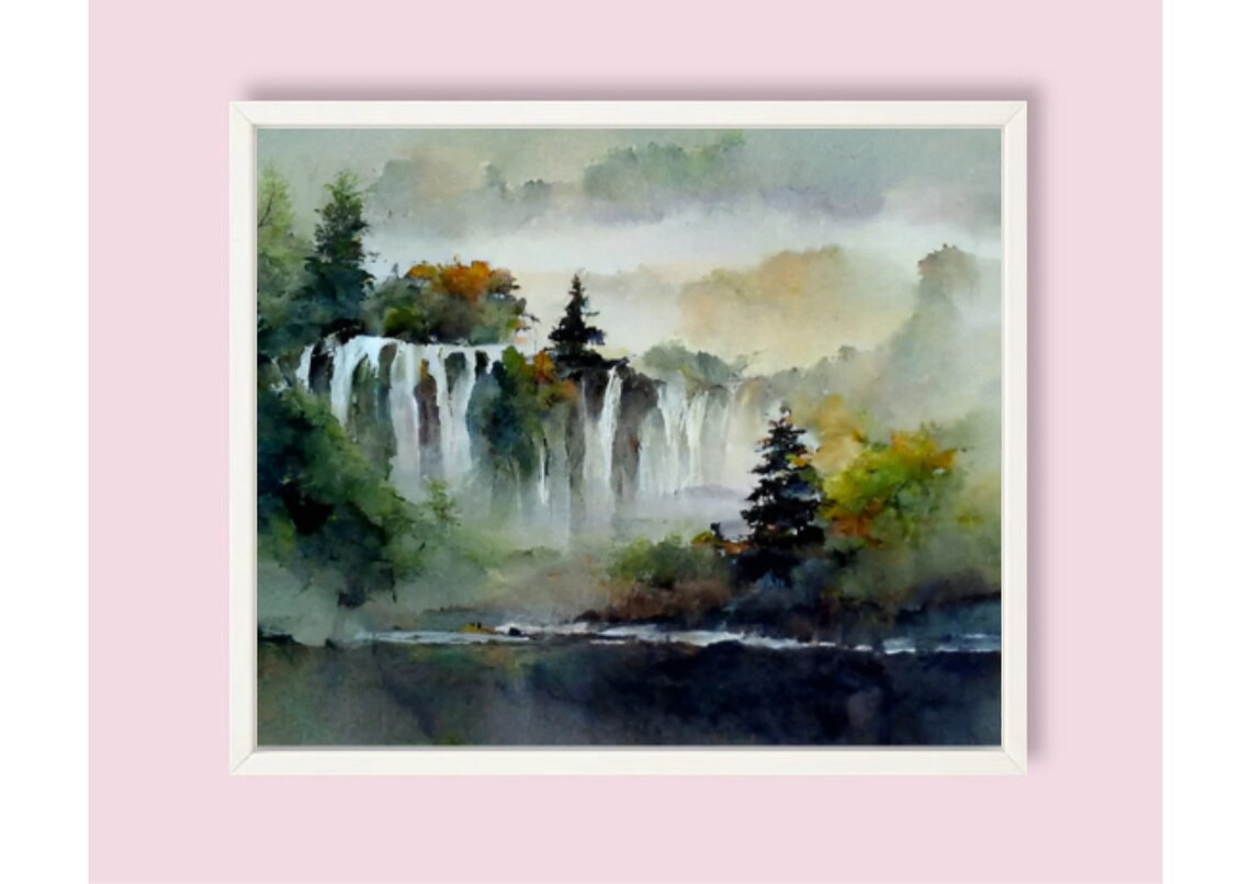 Misty Waterfall Cascades Forest Fog Dreamlike Watercolor Poster - Image 6