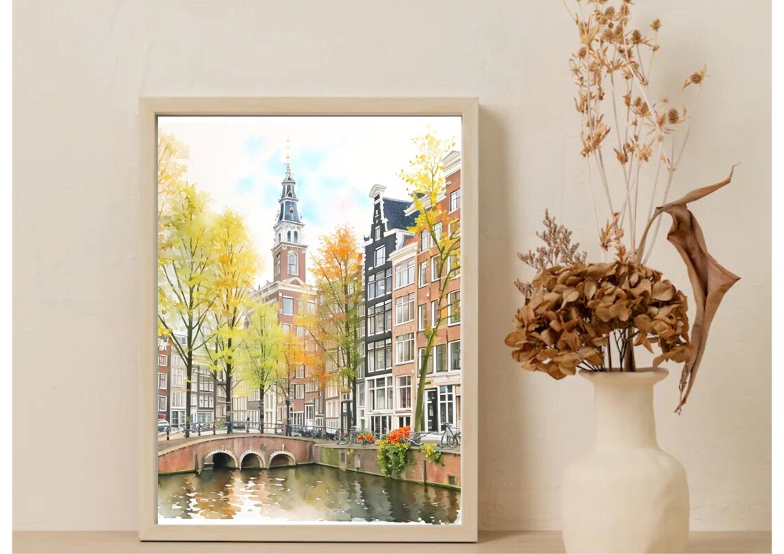 Amsterdam Autumn Canal Church Tower Watercolor Fall Travel Art Poster - Image 5