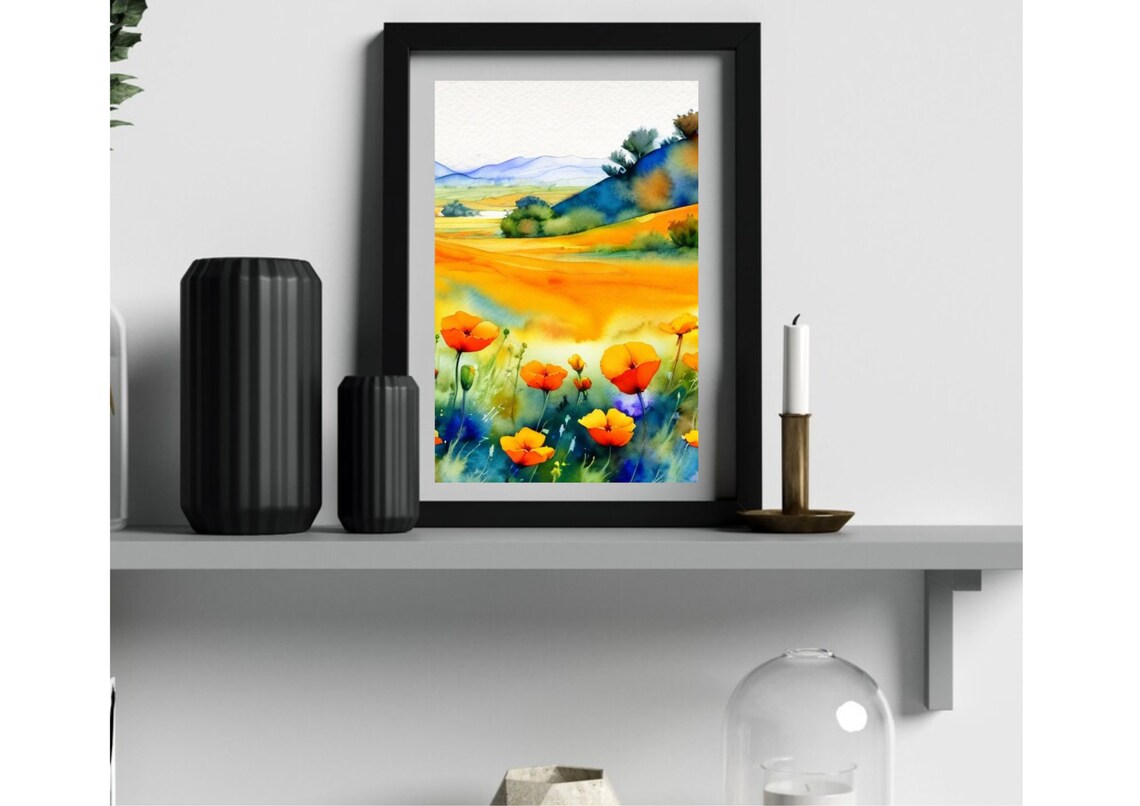 Californian Field Of Poppies Watercolor Art Print - Image 5
