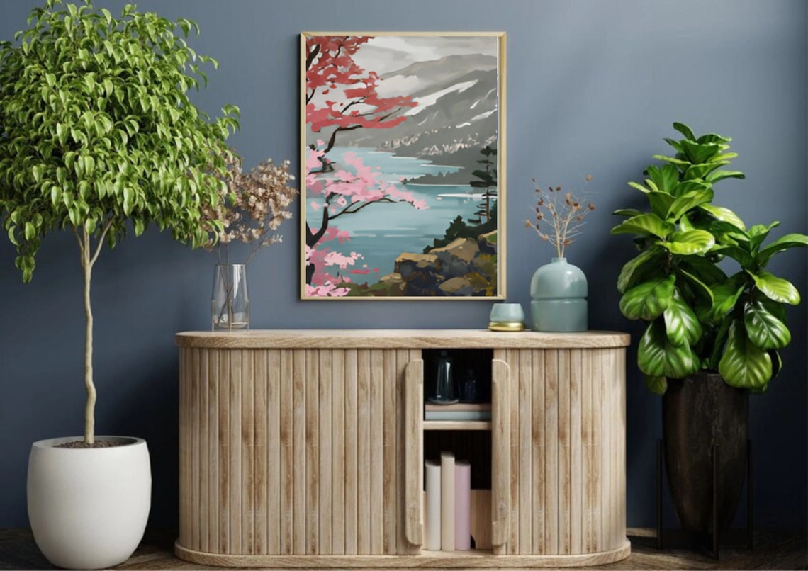 Cherry Blossom Tree Overlooking Sparkling Mountain Lake Poster - Image 5