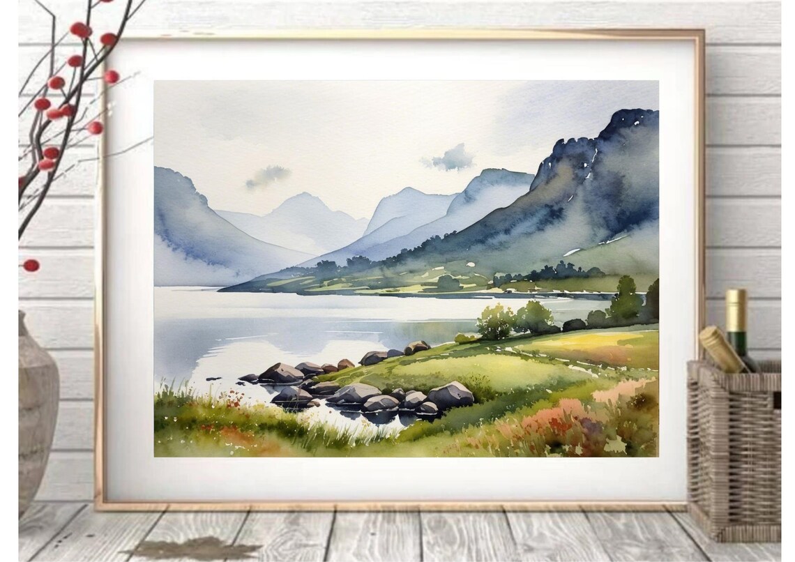 Tranquil Scottish Mountain Lake Watercolor Scenic Nature Poster - Image 6