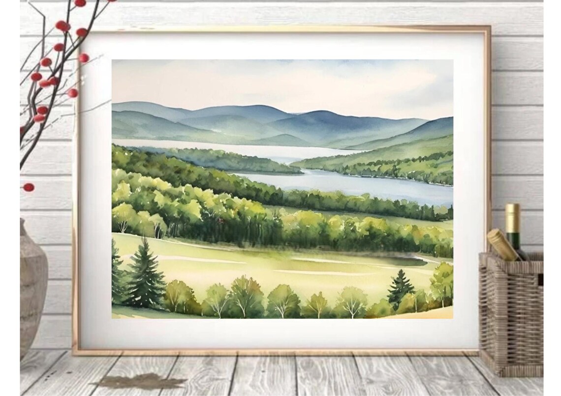 Peaceful Green Mountain Lake Watercolor Forest Landscape Poster - Image 6
