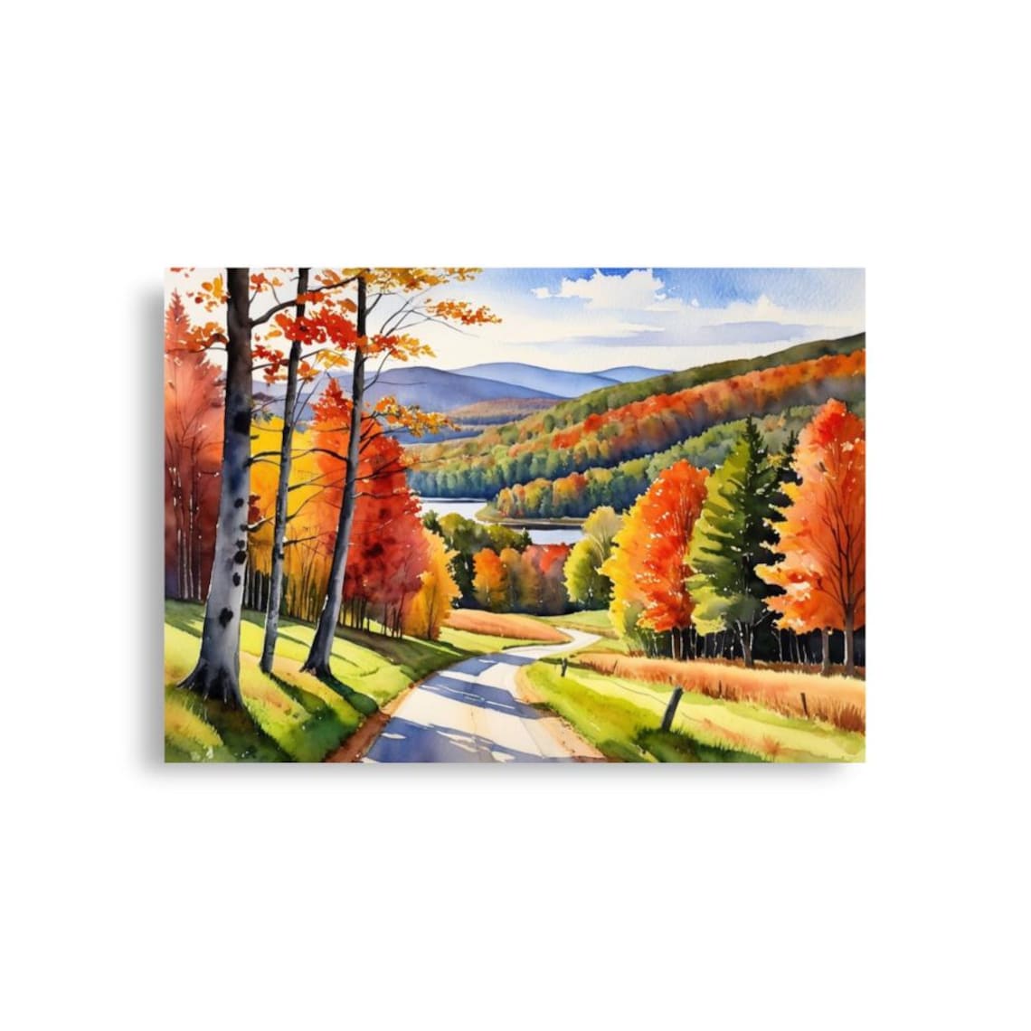 Country Road Winding Through A Fiery Autumn Forest Watercolor Poster - Image 3