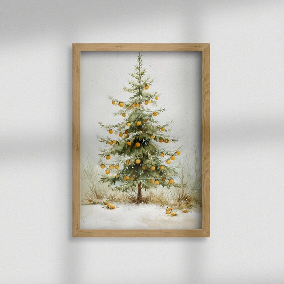 Christmas Tree Decorated with Oranges Watercolor Winter Poster