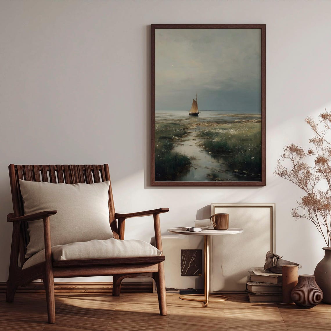 Coastal Marsh Sailboat Peaceful Wetland Seascape Painting Print
