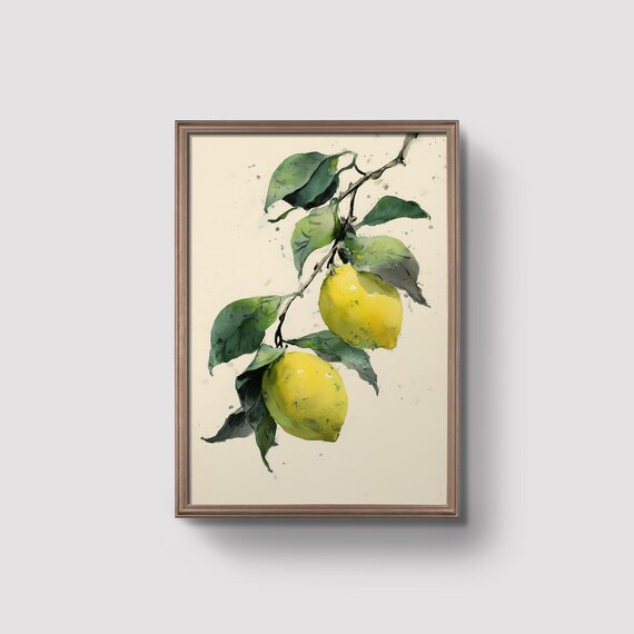 Watercolor Lemon Branch Poster Bright Citrus Kitchen Botanical Artwork